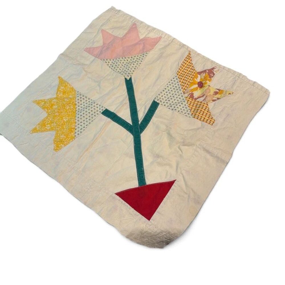 Floral basket quilt piece/square cut from vintage quilt